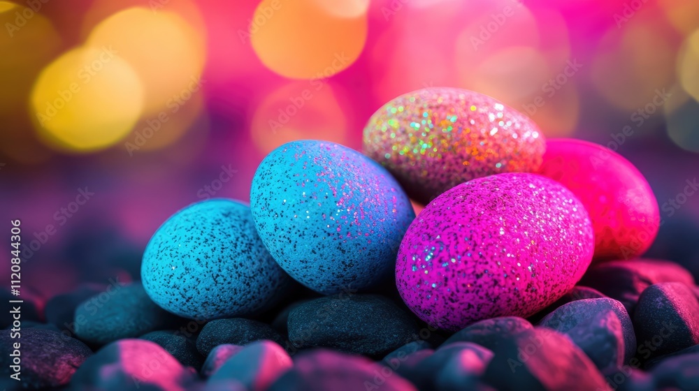 Aufkleber colorful glitter easter eggs on pebbles with a vibrant bokeh background creating a festive and cheer