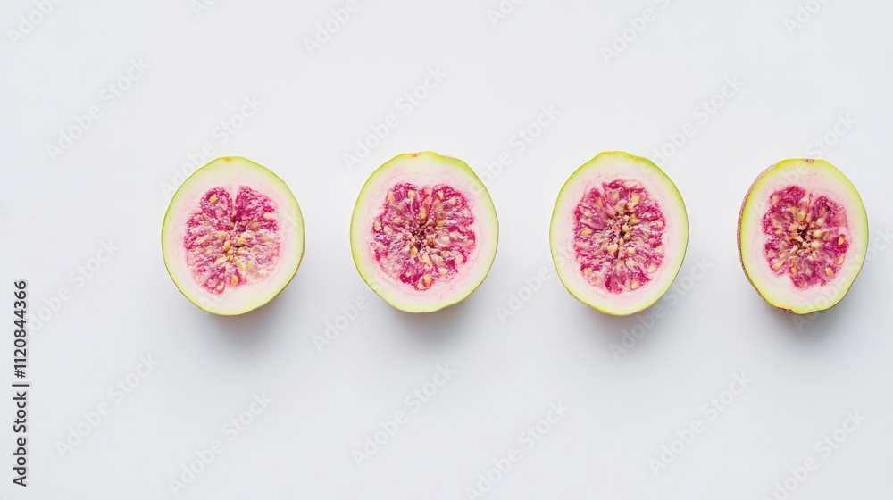 Poster sliced guava fruit pieces arranged on a white background showcasing their vibrant pink flesh and uni