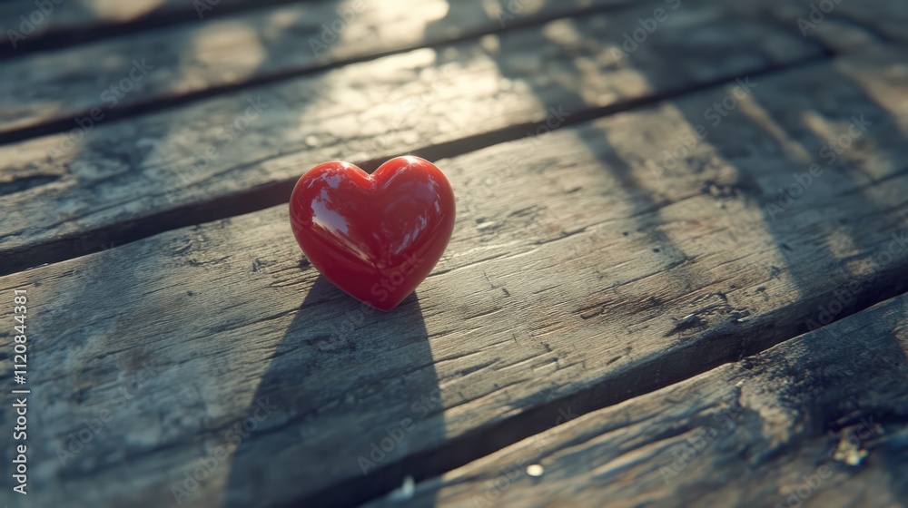 Poster Red heart decoration on wooden table with overhead perspective and empty space for text or message in a romantic or festive setting.