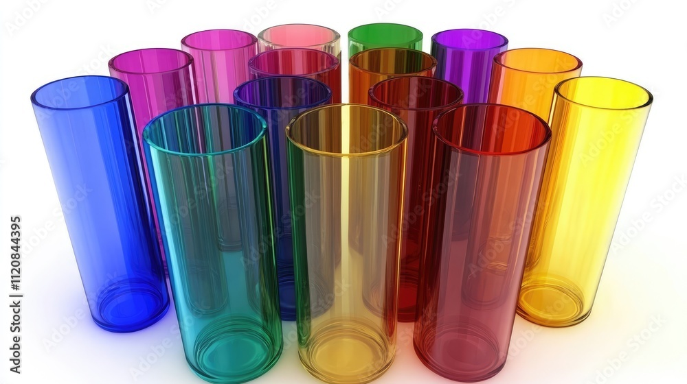 Poster colorful transparent tubes arranged in a cluster on a white background showcasing vibrant hues and s