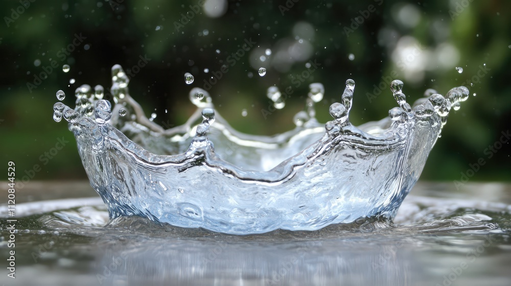 Aufkleber Elegant splash of clear water capturing dynamic motion in high resolution with droplets reflecting light against a blurred natural background.