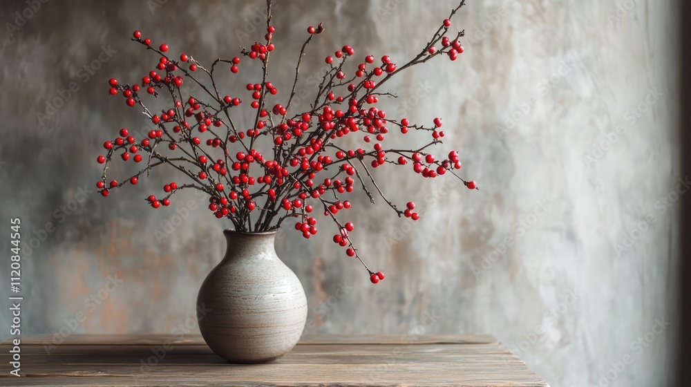 Aufkleber hawthorn branches with vibrant red berries elegantly arranged in a rustic vase on a wooden table aga