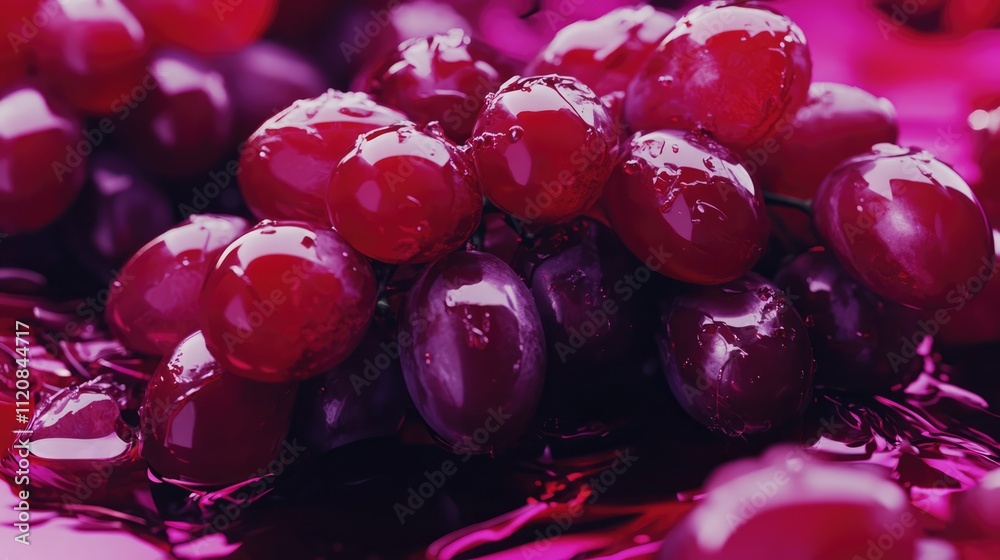Poster freshly picked red grapes with droplets on a vibrant colorful background showcasing their natural te