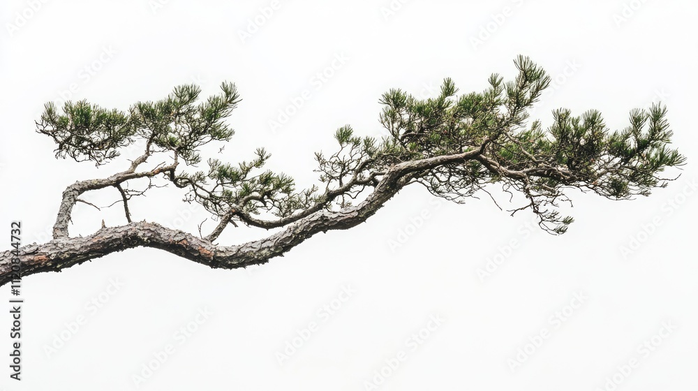 Poster Detached green pine tree limb showcasing intricate branch structure against a clean white background ideal for nature or design concepts