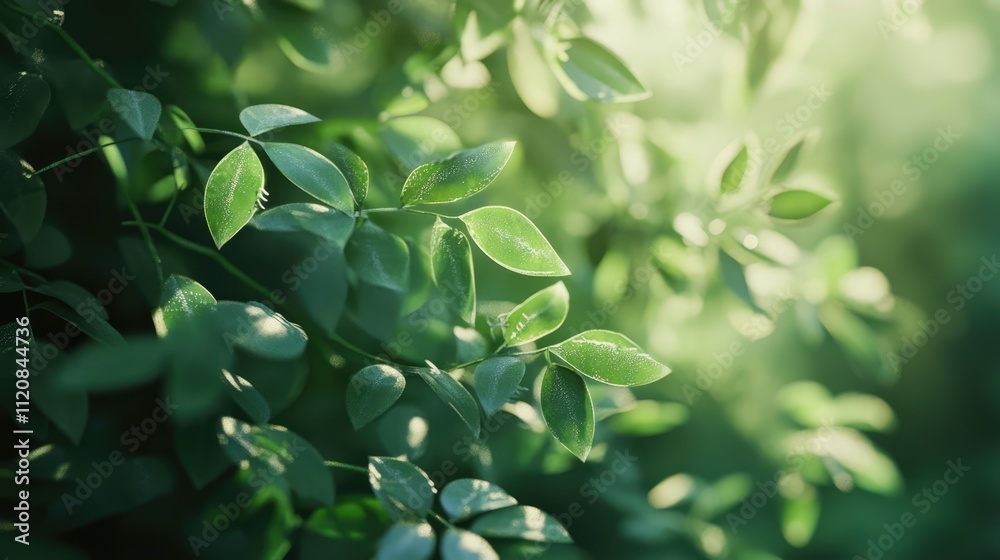 Aufkleber Close-up view of vibrant green leaves with soft sunlight filtering through creating a serene and lush natural atmosphere