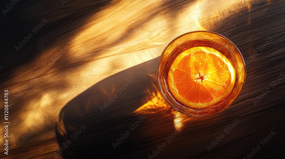Aufkleber refreshing orange juice in a glass garnished with orange slices on a rustic wooden table with warm l