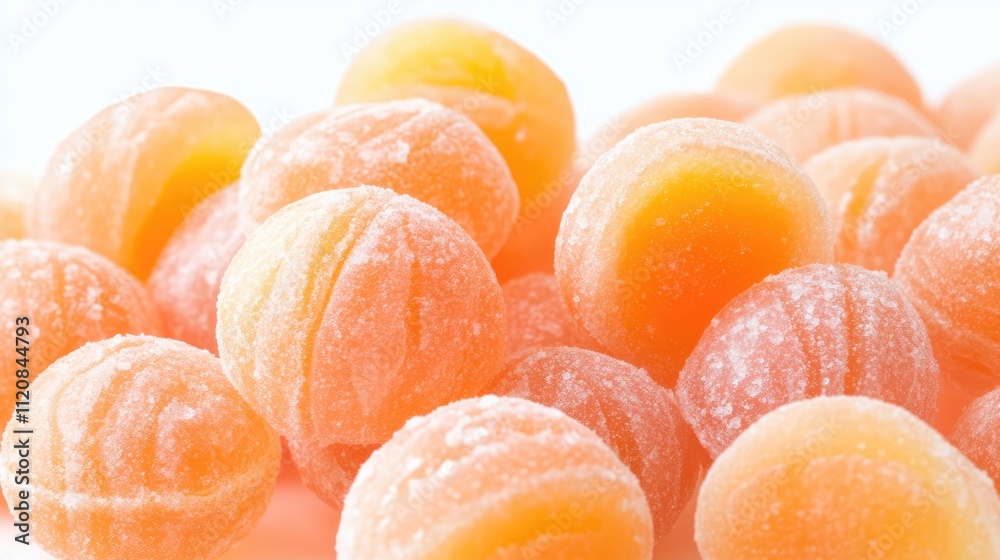Poster peach flavored bonbons piled together with a soft white background showcasing their vibrant colors a