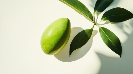 Fresh green mango with leaves on a light background showcasing natural textures and vibrant colors of tropical fruit.