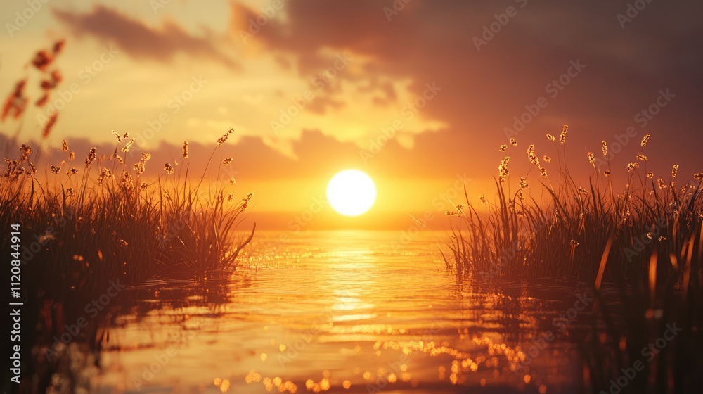 Poster tranquil sunset over calm waters with silhouetted grass creating a serene golden hour atmosphere in 