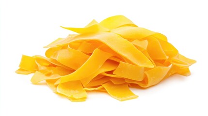 Freshly made fettuccine pasta ribbons artfully piled on a clean white background showcasing vibrant yellow color and texture ideal for culinary designs