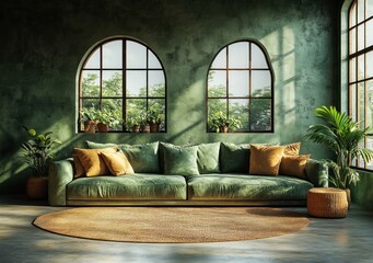 Scandinavian Style Modern Living Room with Green Sofa and Minimalist Decor