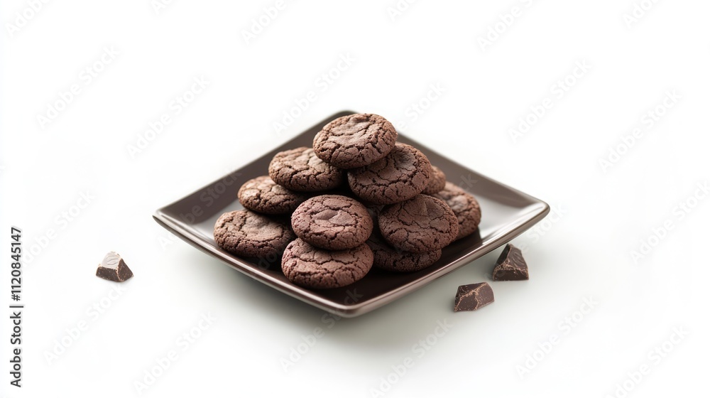 Poster chocolate cookies piled on a square plate with broken chocolate pieces on a white background showcas