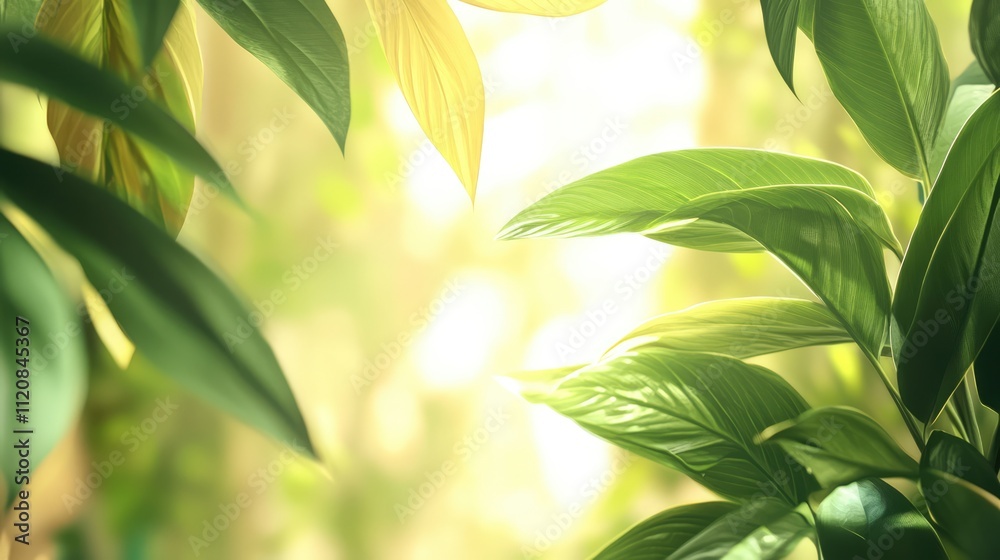 Poster Lush green and yellow leaves softly illuminated in a blurred background creating a tranquil and serene nature atmosphere.