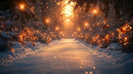 Naklejka premium Camino Nevado con Faroles y Árboles de Navidad Decorados