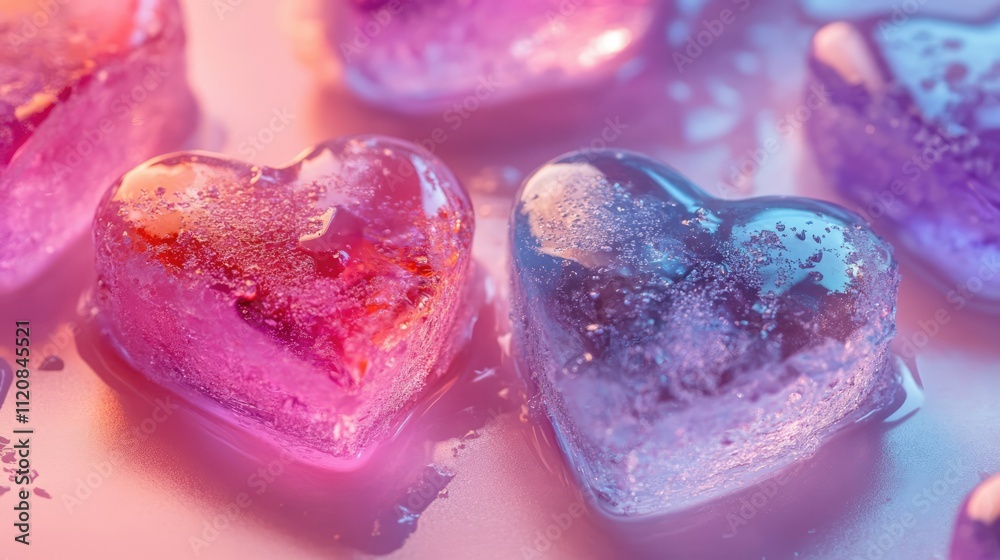 Poster heart shaped ice cubes in vibrant colors with a melting effect on a soft pastel background. perfect 