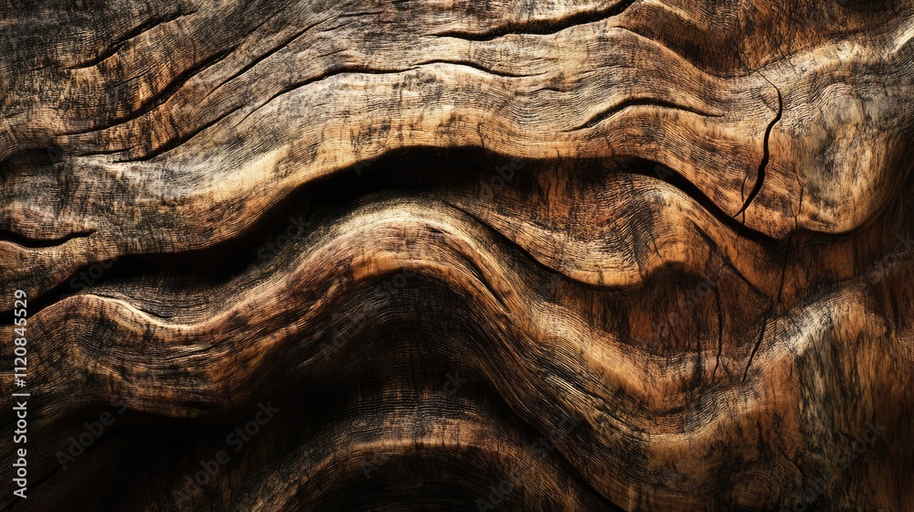 Poster Natural hardwood texture with intricate patterns showcasing rich brown hues and wavy lines ideal for backgrounds and design elements.