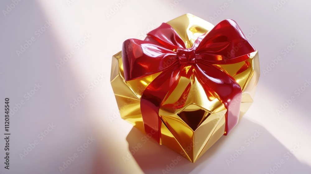Poster elegant golden gift box with a vibrant red bow elegantly displayed on a soft white background, perfe