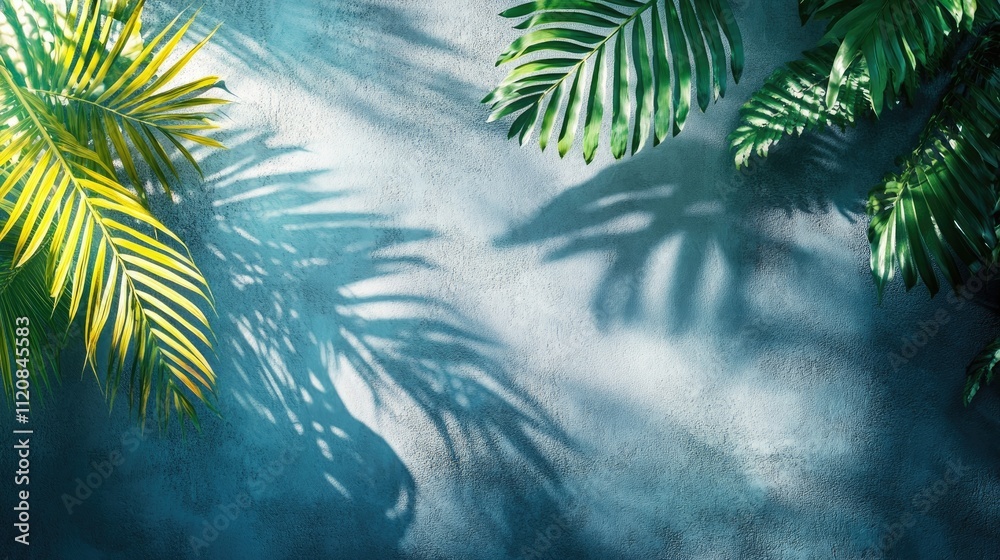 Poster tropical palm leaves casting shadows on a textured blue wall creating a serene and calming atmospher