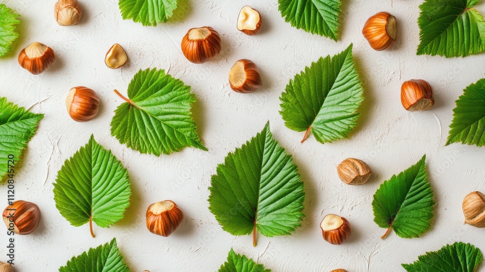 Poster hazelnut leaves and nuts arranged artistically on a textured surface in an aerial perspective compos