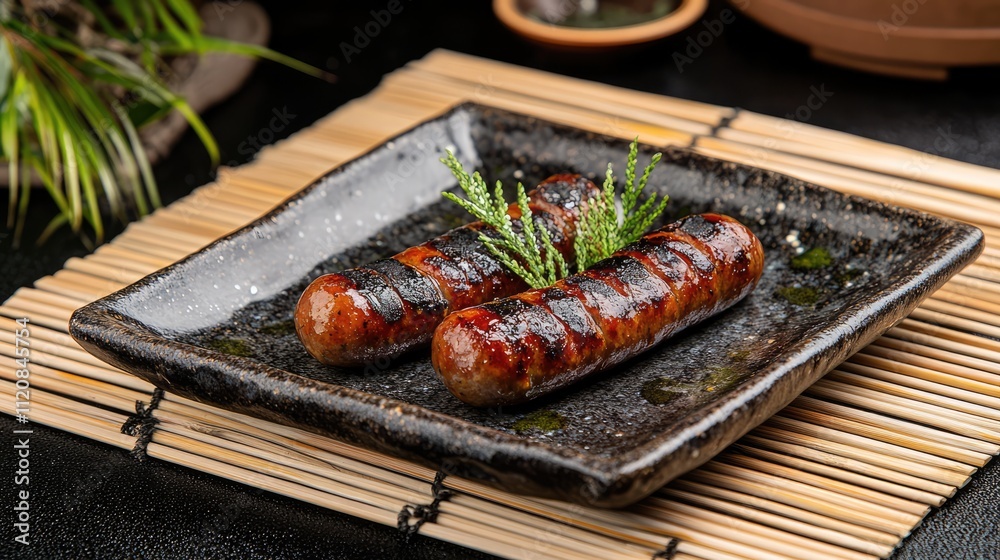 Aufkleber grilled sausages served on a black square plate with herbs on a wooden mat creating an appealing cul