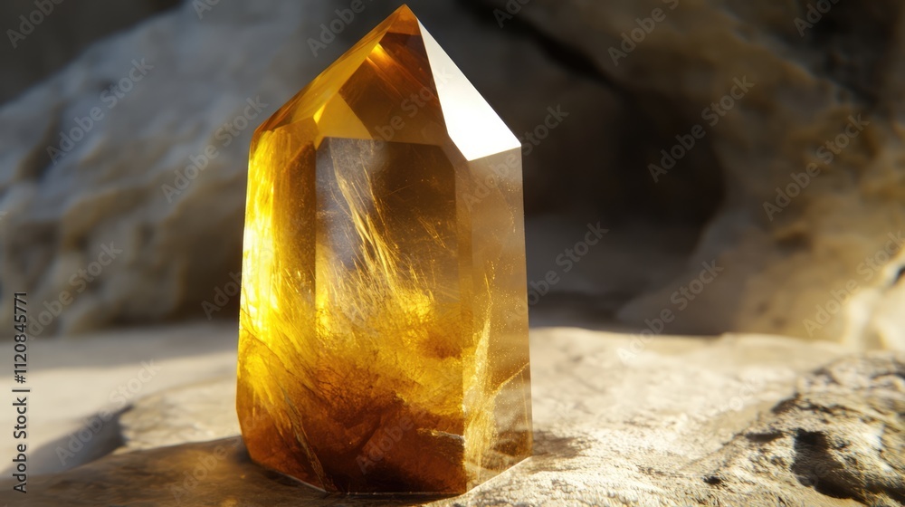 Poster golden heliodor crystal with etched facets displaying natural inclusions and textures against a soft