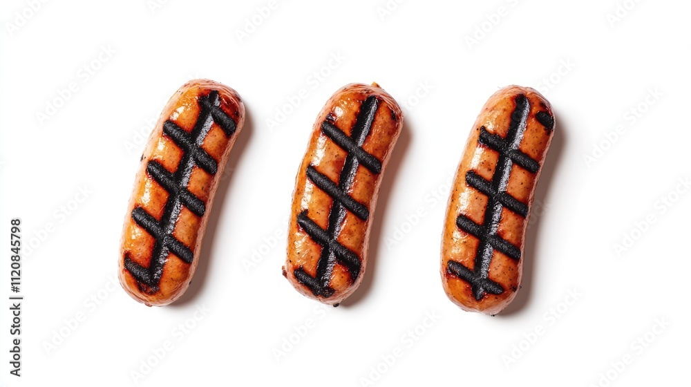 Poster Grilled sausages arranged on a white background showcasing appetizing textures and colors perfect for food-related promotions or articles