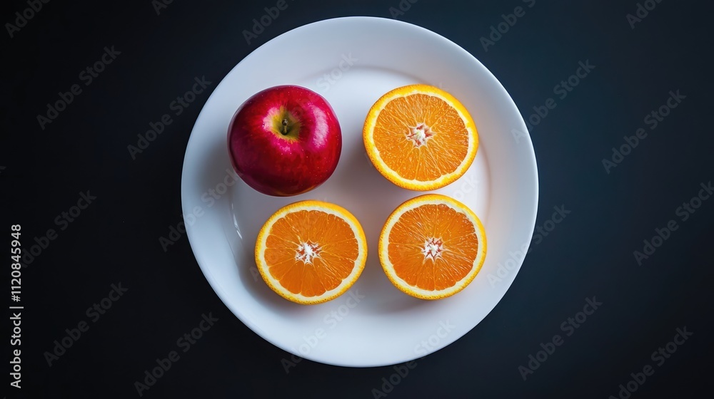 Poster sliced oranges and a whole red apple on a white plate against a dark background showcasing vibrant f
