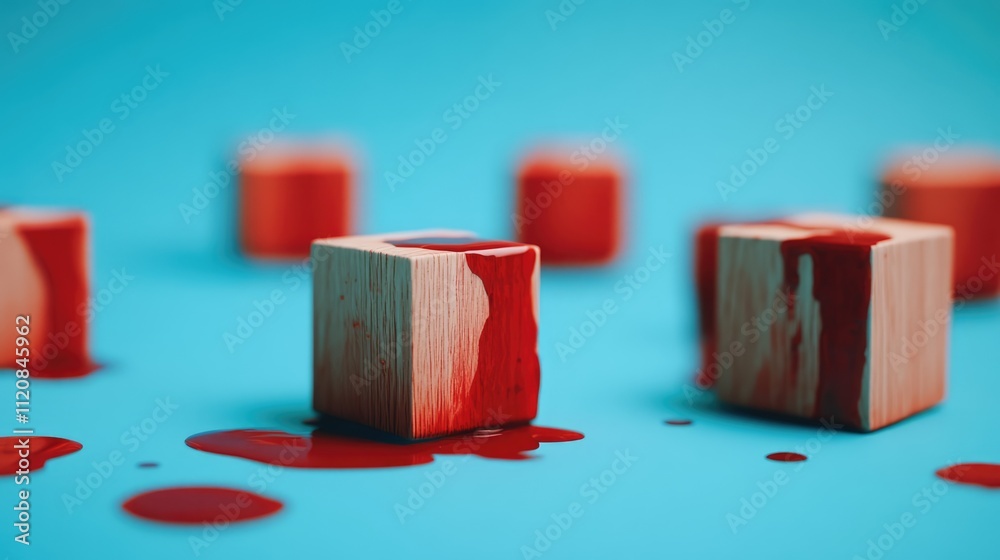Aufkleber Abstract wooden blocks with red paint on a blue background creating a striking visual contrast and artistic texture for creative design concepts.