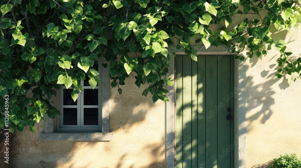 Poster lush green tree branches framing a charming building entrance with a wooden door and window in soft 