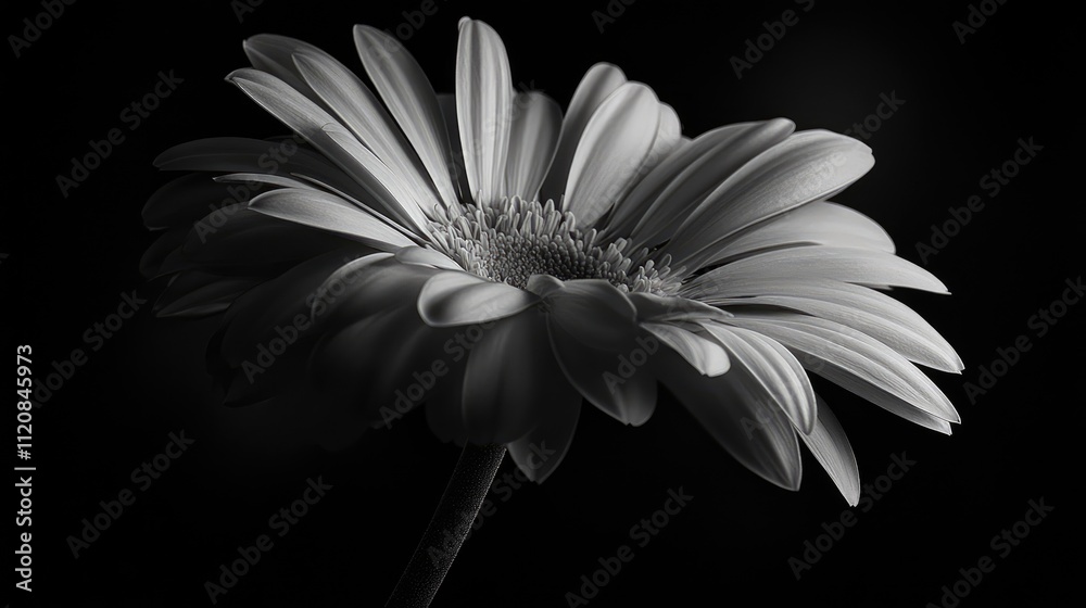 Poster elegant monochrome gerbera flower showcasing delicate petals and intricate details against a dark ba