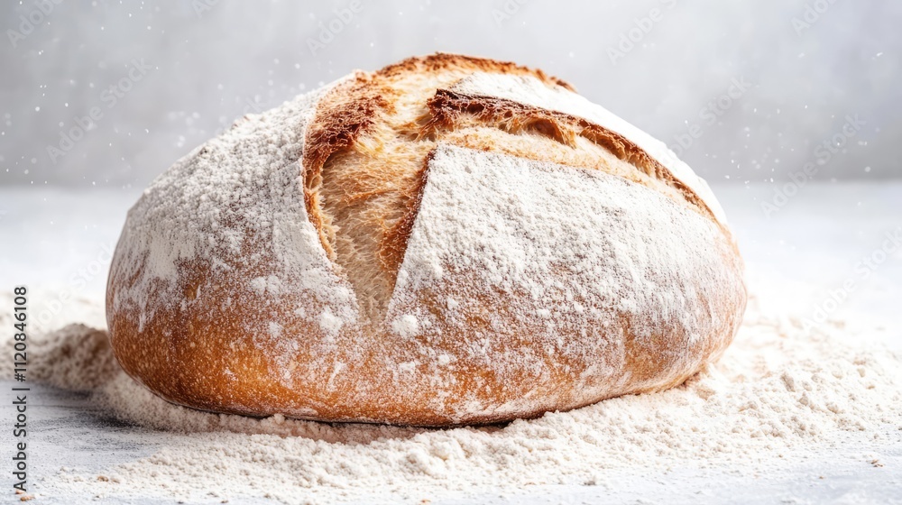 Poster artisan bread loaf dusted with flour on a light background showcasing the texture and quality of fre