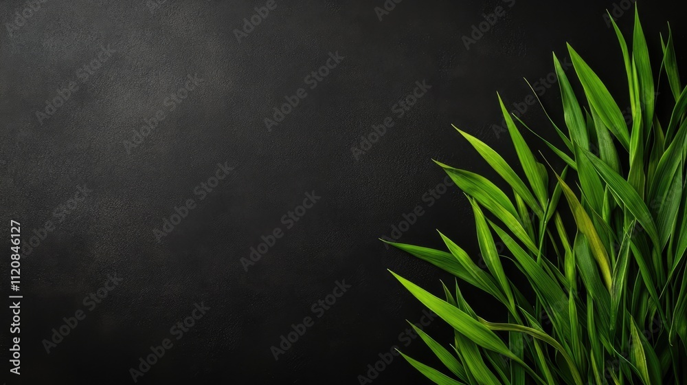 Poster lush green grass leaves contrasting against a dark textured background for design and nature themes