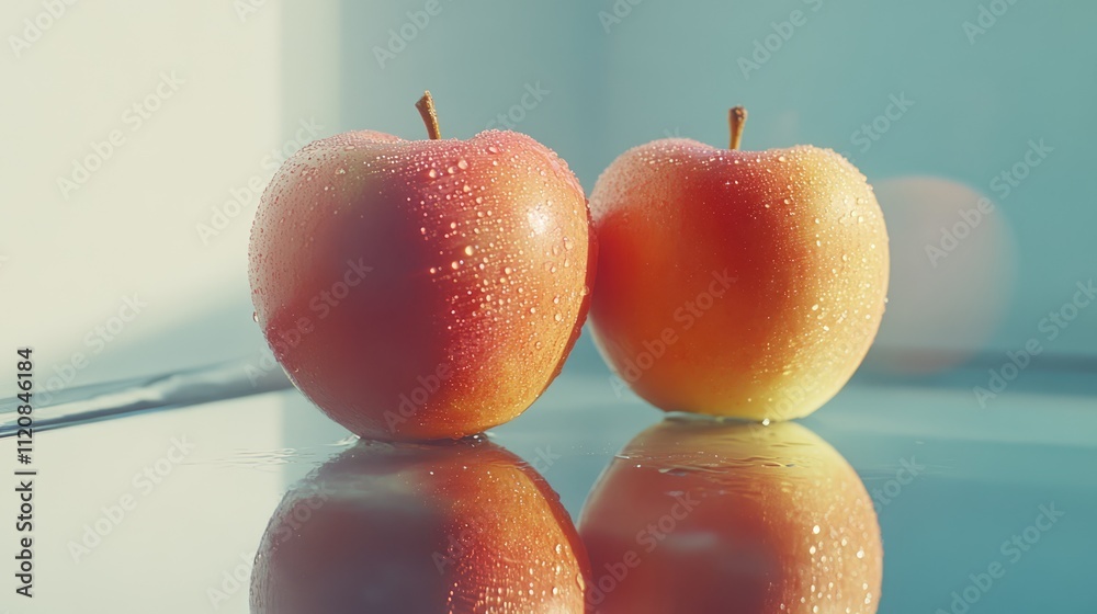 Poster Fresh ripe apples with water droplets showcasing mirrored reflections on a shiny surface in a bright and serene setting.