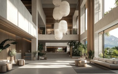 Spacious hotel lobby with natural light, modern furniture, and high ceilings.