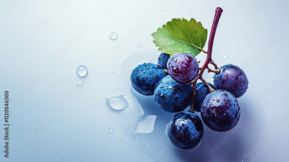 Poster freshly washed grapes with droplets on a light background showcasing a mix of dark and blue varietie