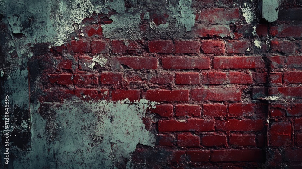 Poster weathered red brick wall with grunge texture and peeling paint for background or design use