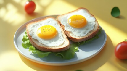 Delicious fried eggs on sandwich with fresh lettuce and tomatoes against a bright yellow background for a vibrant breakfast setting