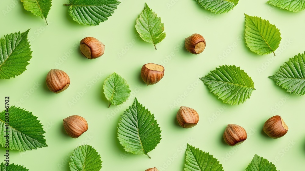 Poster hazelnut leaves and nuts arranged on a pastel green background in an aerial perspective composition 