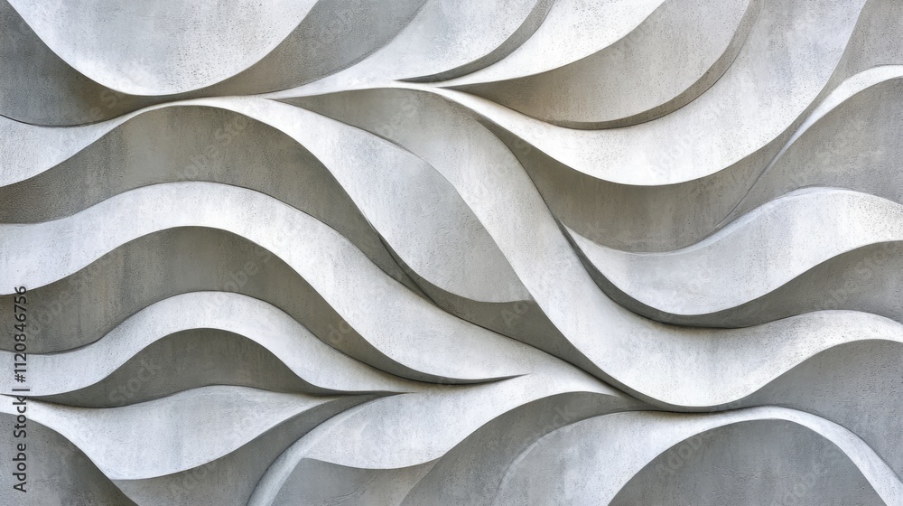 Aufkleber Abstract curved gray cement wall texture with layered wave patterns for design and architectural backgrounds