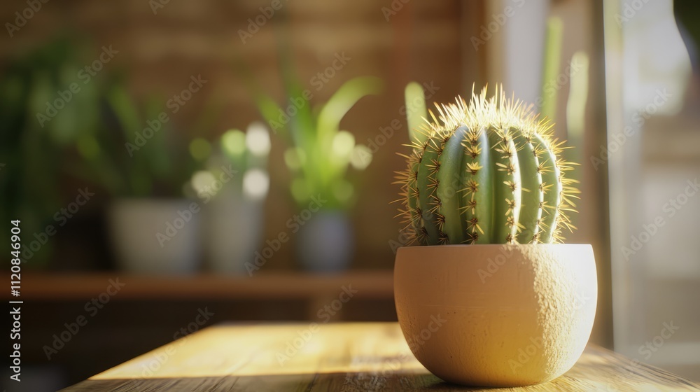 Poster green cactus in a minimalist pot bathed in soft sunlight on a wooden table with blurred greenery in 