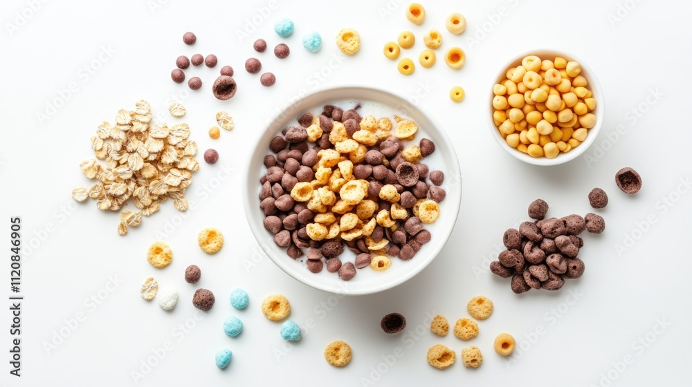 Poster nutritious breakfast cereal assortment with milk served in a bowl on a clean white background showca