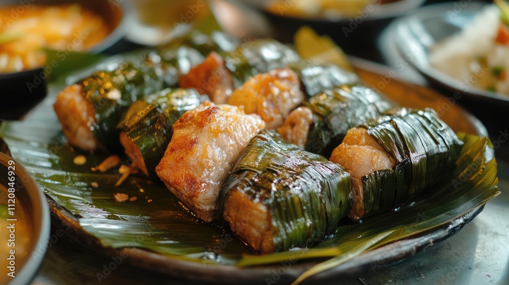Poster Grilled meat wrapped in banana leaves served on a leaf plate with various dishes in the background