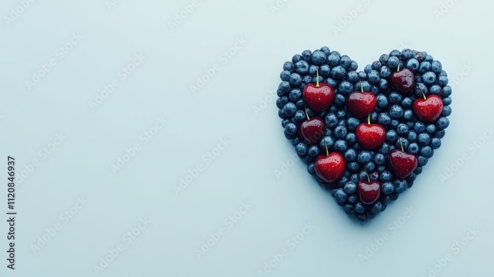 Poster fresh cherries and blueberries arranged in a heart shape on a light blue background creating a vibra