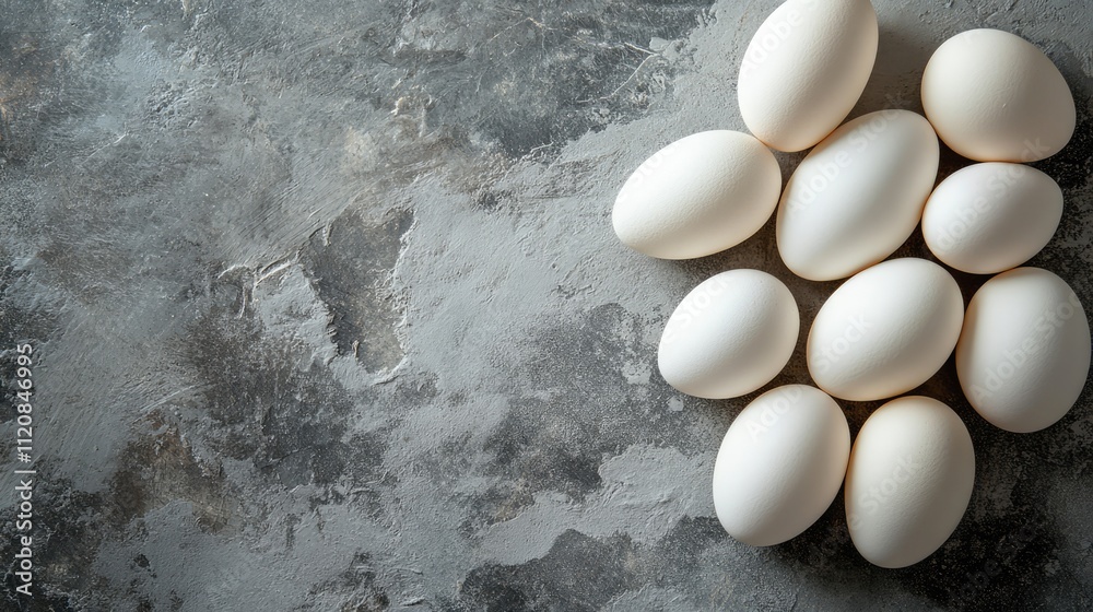 Aufkleber Fresh white eggs arranged on a textured grey background with ample space for text in a vertical layout ideal for food-related designs.