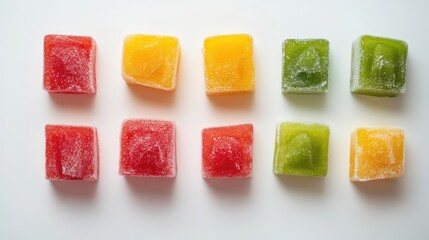Colorful frozen vegetable cubes arranged neatly on a white background showcasing vibrant hues for healthy meal preparation and recipes.