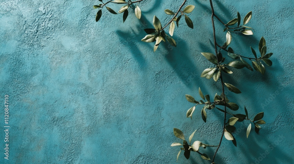 Poster elegant green foliage casting shadows on a textured turquoise background for a fresh and modern aest