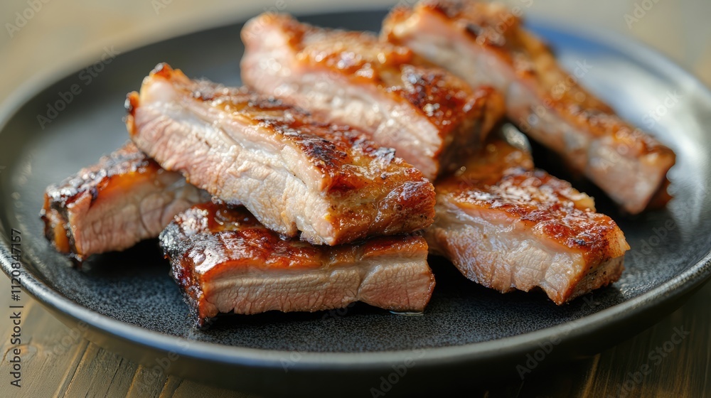 Aufkleber grilled pork belly slices arranged on a black plate showcasing delicious caramelized texture and inv
