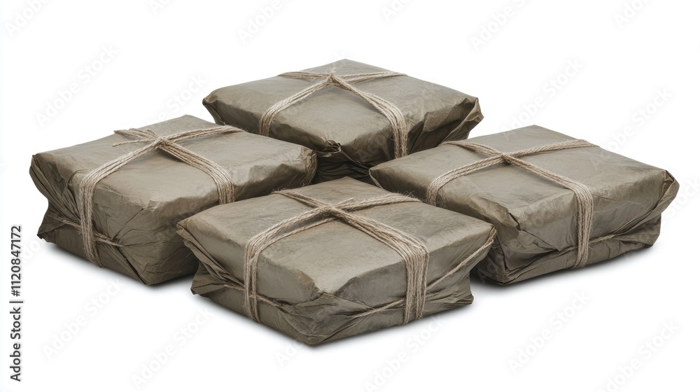 Poster vintage style wrapped parcels tied with string stacked together on a clean white background showcasi