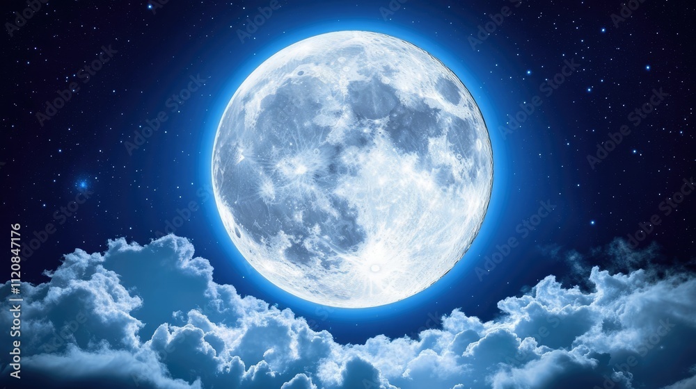 Poster half moon illuminating clouds in a clear autumn sky during early morning with stars and atmospheric 