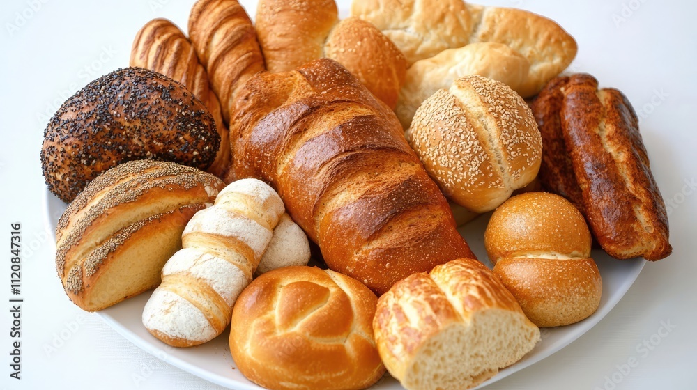 Poster assorted bread varieties laid out on a white plate captured from overhead perspective